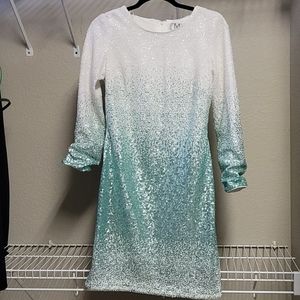 White and Sea Green Sequins Dress